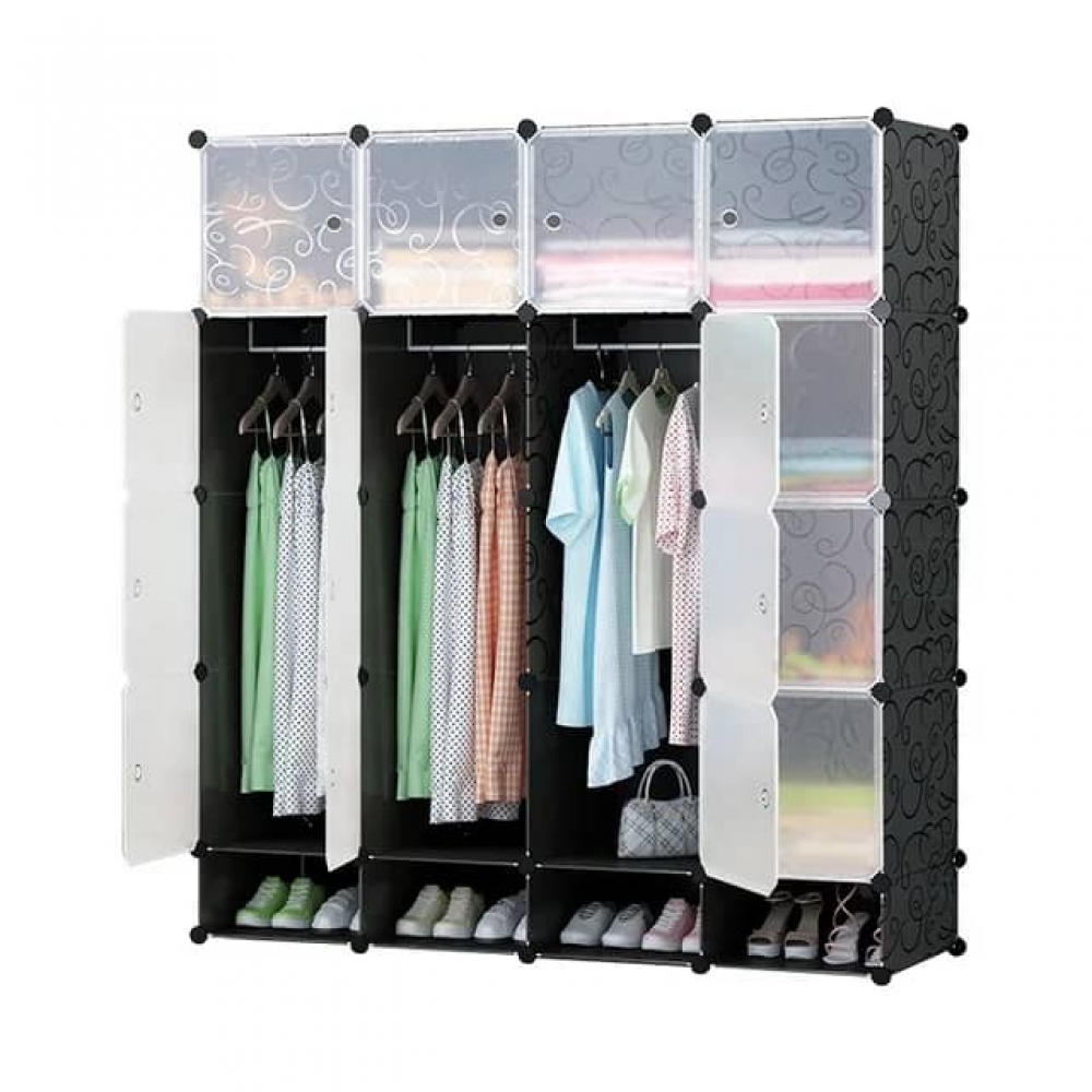 16 Cubes Plastic Wardrobe with Shoe Rack - Black(147x47x146)