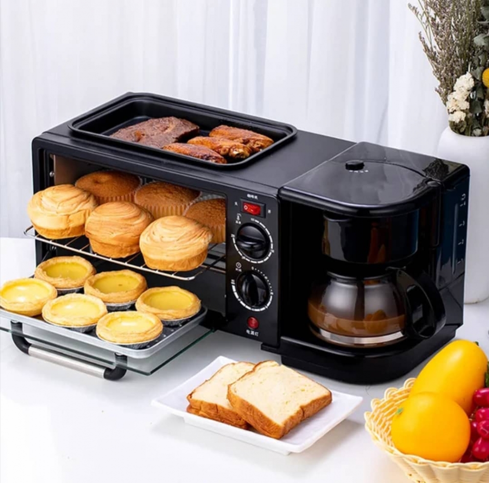 3 in 1 Home Breakfast Machine Coffee Maker Oven Toaster Grill Pan Bread Toaster
